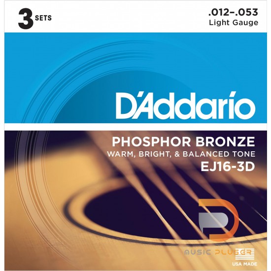 สายกีตาร์โปร่ง D’Addario EJ16-3D Phosphor Bronze Light 012-053