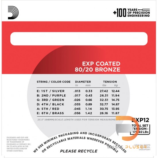 สายกีตาร์โปร่ง D’Addario EXP12 Coated 80/20 Bronze Medium 013-056